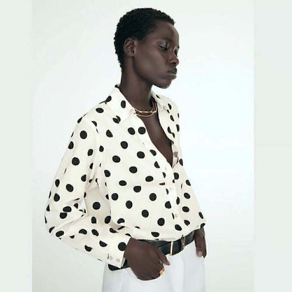 ZARA Polka Dot Linen Blend Oversized Shirt NWT French Girl Blouse - Picture 10 of 14